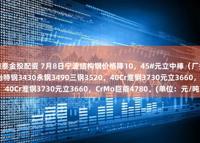 德泰金投配资 7月8日宁波结构钢价格降10，45#元立中棒（厂提价）3460南钢3500新冶特钢3430永钢3490三钢3520，40Cr淮钢3730元立3660，CrMo巨能4780。(单位：元/吨）