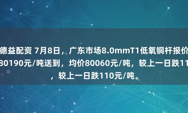 德益配资 7月8日，广东市场8.0mmT1低氧铜杆报价79930-80190元/吨送到，均价80060元/吨，较上一日跌110元/吨。